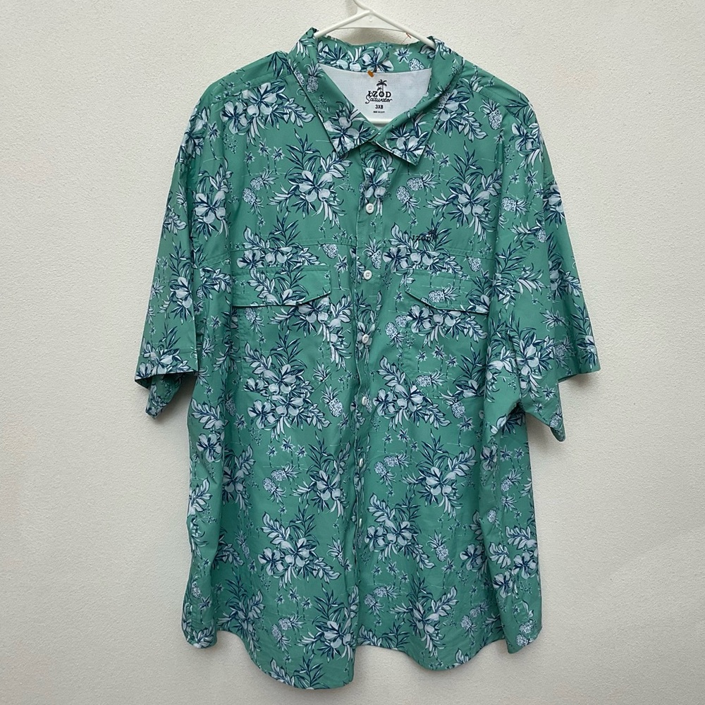Izod Saltwater Green, Blue, White Short Sleeve Button Down Fruit Print Size 3XB